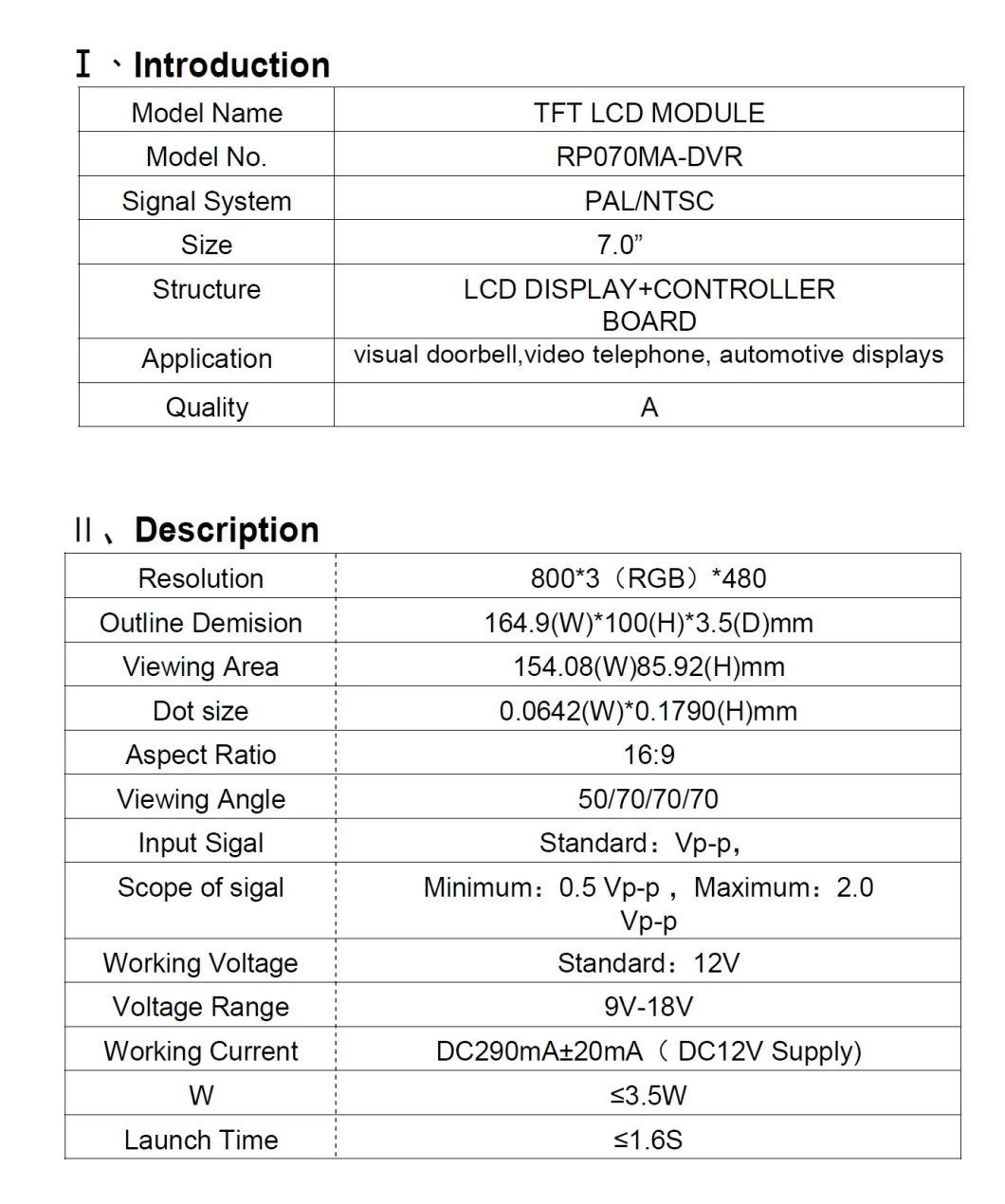 Manufacture 7inch TFT LCD Display Module with Driver Board