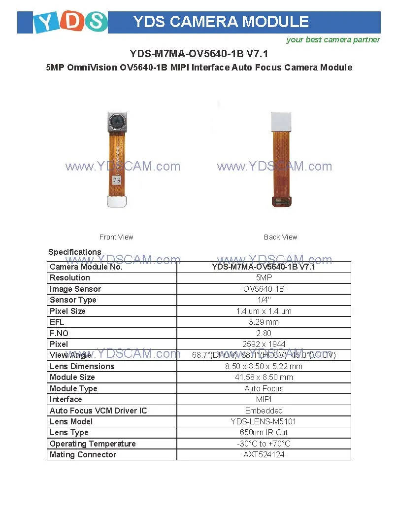 Yds-M7ma-Ov5640-1b V7.1 5MP Ov5640-1b Mipi Interface Auto Focus Camera Module