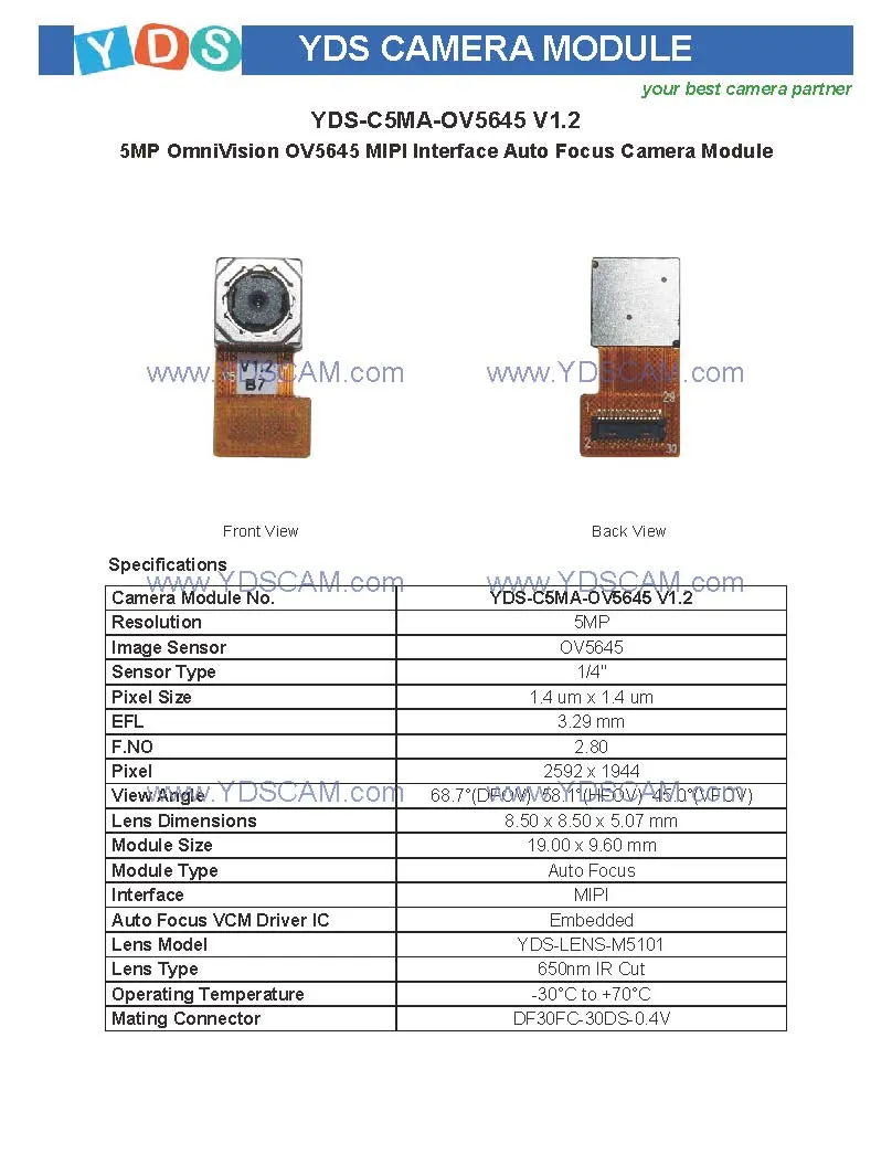 Yds-C5ma-Ov5645 V1.2 5MP Ov5645 Mipi Interface Auto Focus Camera Module