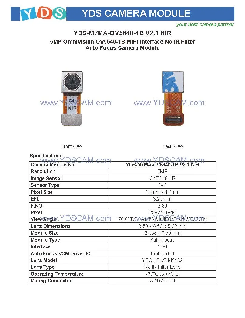 Yds-M7ma-Ov5640-1b V2.1 Nir 5MP Ov5640-1b Mipi Interface No IR Filter Auto Focus Camera Module