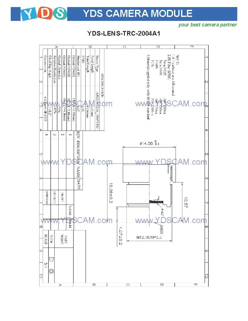 Yds-Y6PF-Ar0234 V2.0 2.3MP Ar0234 Global Shutter Dvp Parallel Interface M14 Fixed Focus Camera Module